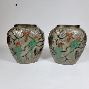 Vintage Brass and Enamel Cloisonné Floral Bud Flat Vase 4.25" Teal Birds